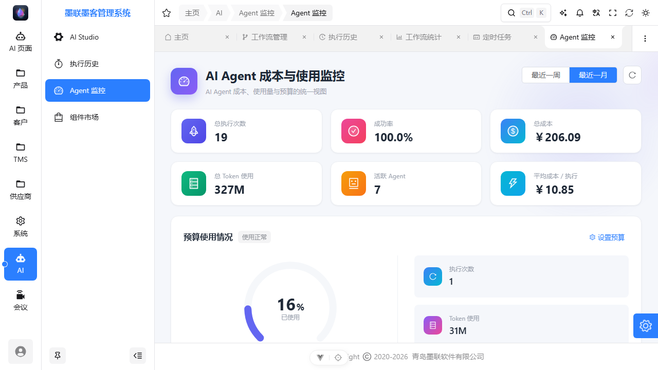Agent 监控页:执行次数、成本与 Token 用的总览