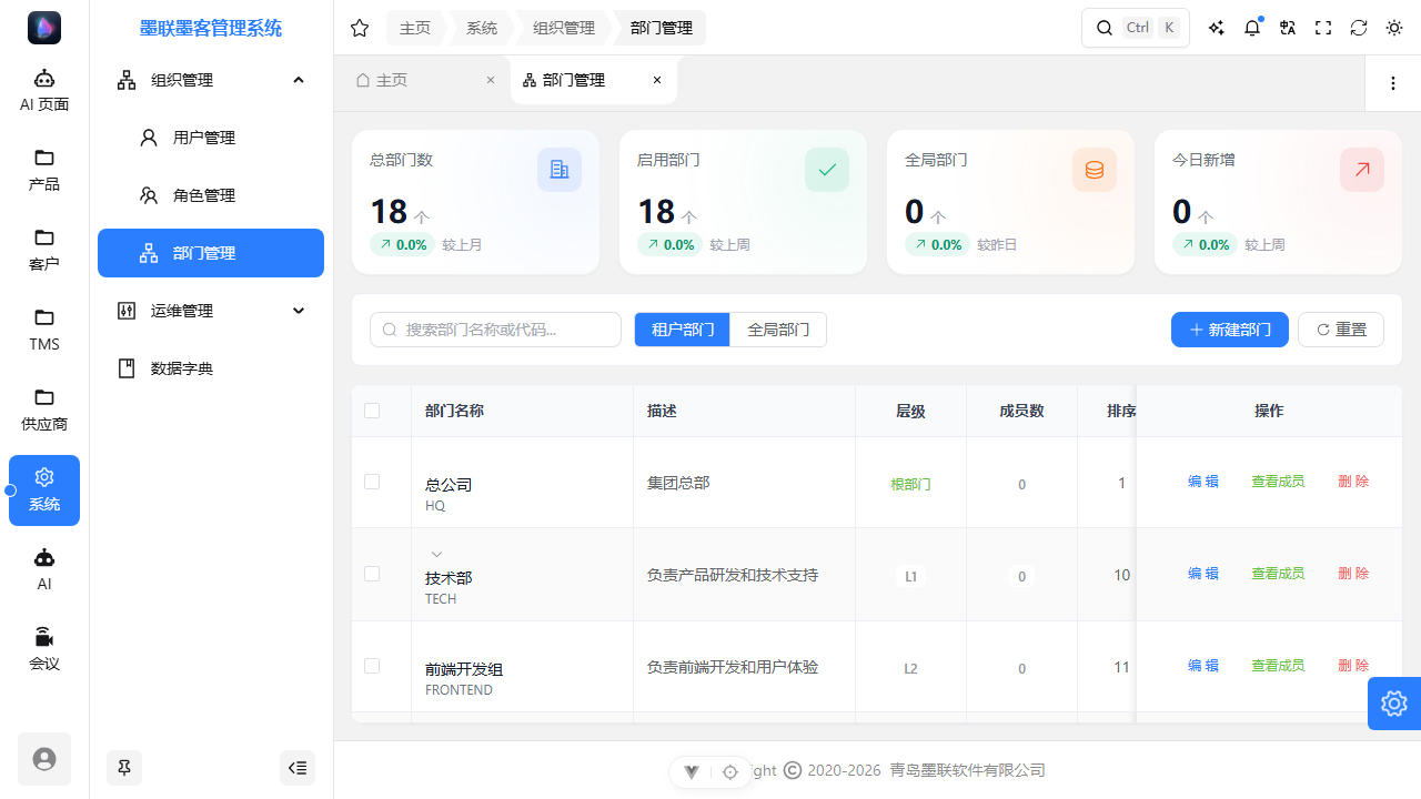 部门管理页：树形部门列表与层级标注
