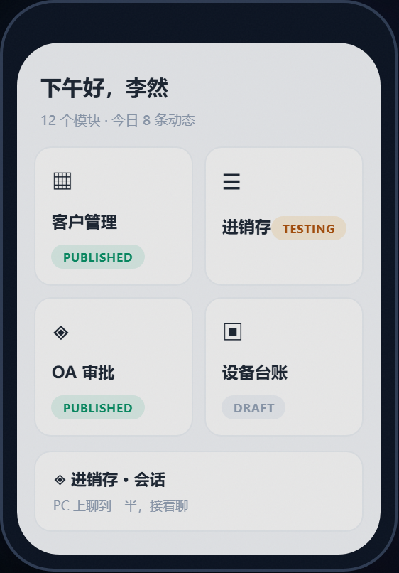 第五步:发布后的模块同步出现在手机工作台,带生命周期徽章